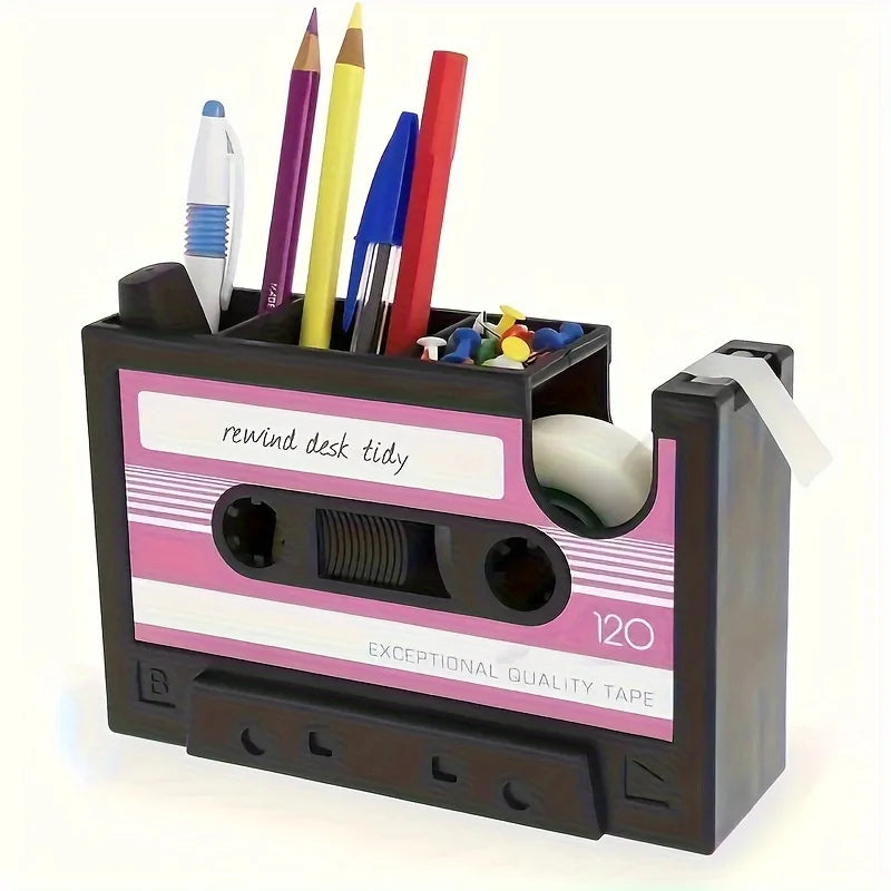 Retro cassette distributor with pen holder - Retro office supplies storage box