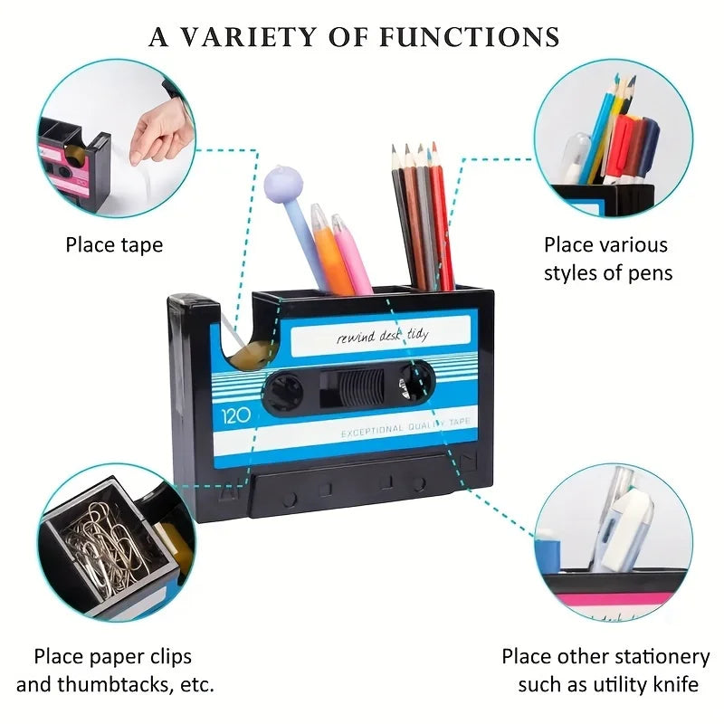 Retro cassette distributor with pen holder - Retro office supplies storage box