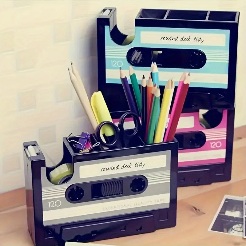 Retro cassette distributor with pen holder - Retro office supplies storage box