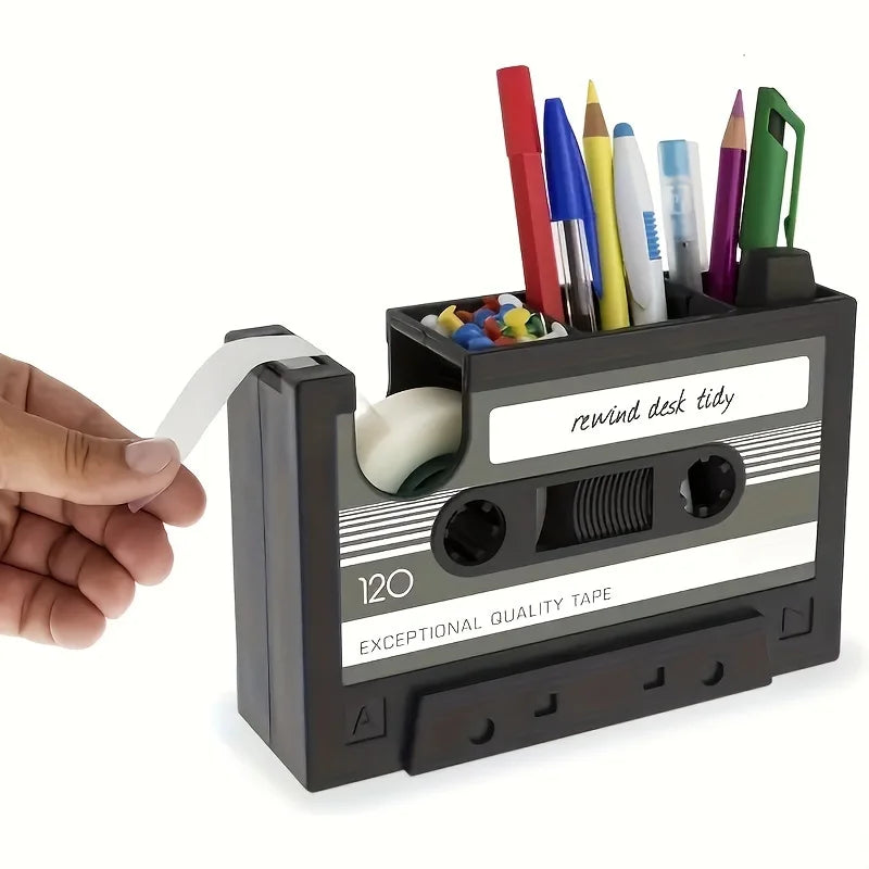 Retro cassette distributor with pen holder - Retro office supplies storage box