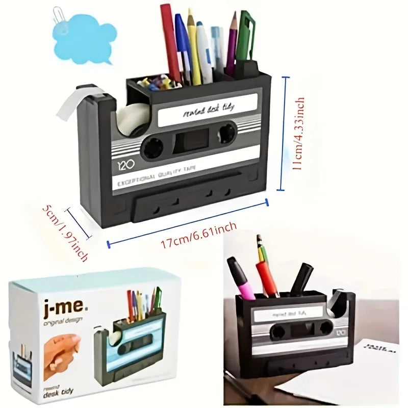 Retro cassette distributor with pen holder - Retro office supplies storage box