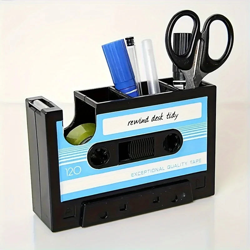 Retro cassette distributor with pen holder - Retro office supplies storage box